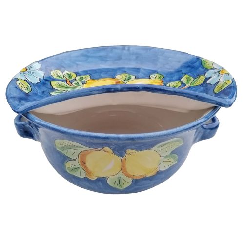 Mozzarella Cheese Pot blue border and lemons line - handpainted Vietri ceramic