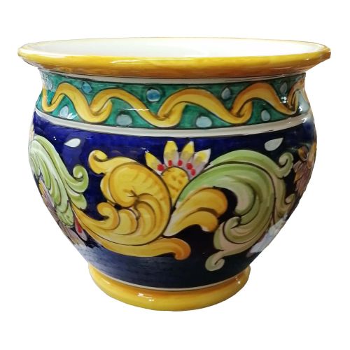 Cachepot Portapianta linea barocco e fiori. Ceramica di Vietri dipinta a mano.