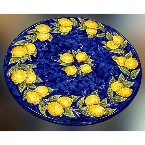 Table. Ceramicized lava stone table. Lemons on Blue....