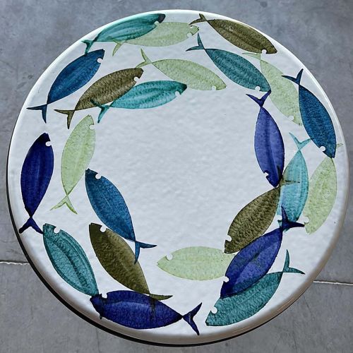 Table. Ceramicized lava stone table. Circular Fish design. Hand-painted. Vietri ceramic.
