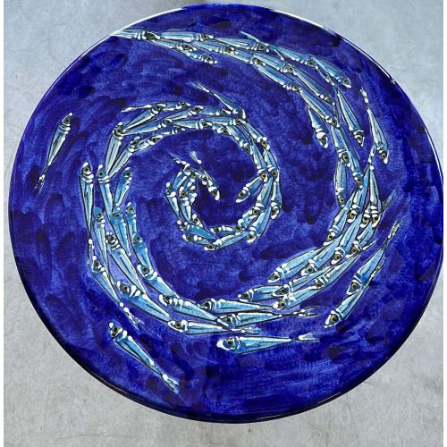 Table. Ceramicized lava stone table. Fish on Blue. Hand-painted. Vietri ceramic.