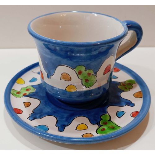 Milk cup with plate Casette Positano line. Hand-painted Vietri ceramic