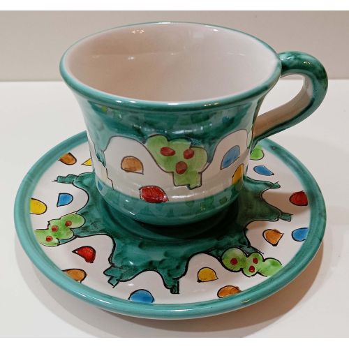 Tazza Latte più piatto linea Casette Positano. Ceramica di Vietri dipinta a mano