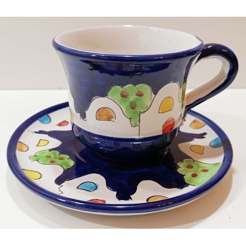 Tazza Latte più piatto linea Casette Positano. Ceramica di Vietri dipinta a mano