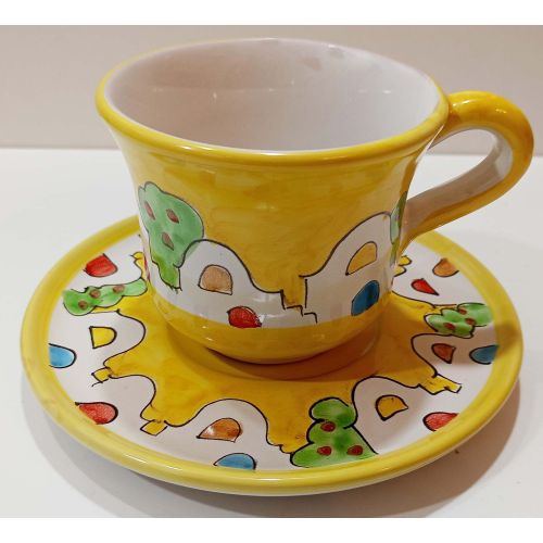 Milk cup with plate Casette Positano line. Hand-painted Vietri ceramic