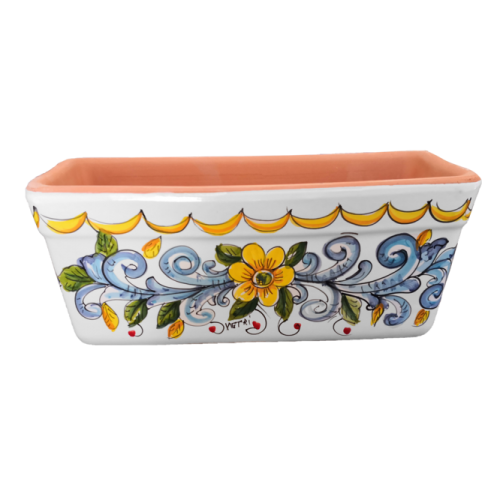 Rectangular Planter. White Base with Baroque and Flowers. Vietri ceramic. Hand-painted.