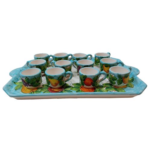 Tray with 12 cups and sugar bowl. Fruit line. Vietri ceramic. Hand-painted.