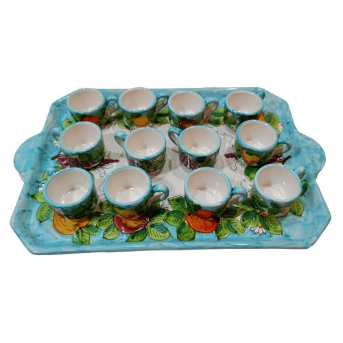 Tray with 12 cups and sugar bowl. Fruit line. Vietri ceramic. Hand-painted.