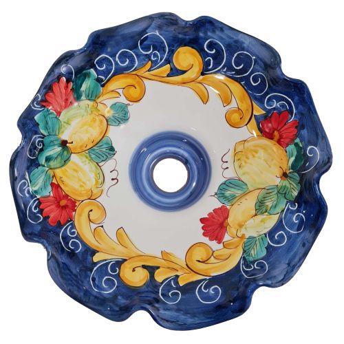 Kronleuchter mit gewelltem Rand, Zitronen und Blumen. Handbemalte Vietri-Keramik.