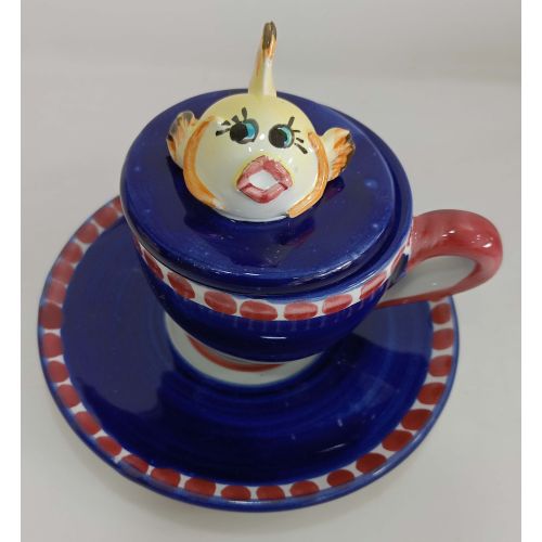 Coffee cup with embossed lid, saucer animal line. Hand-painted Vietri ceramic.