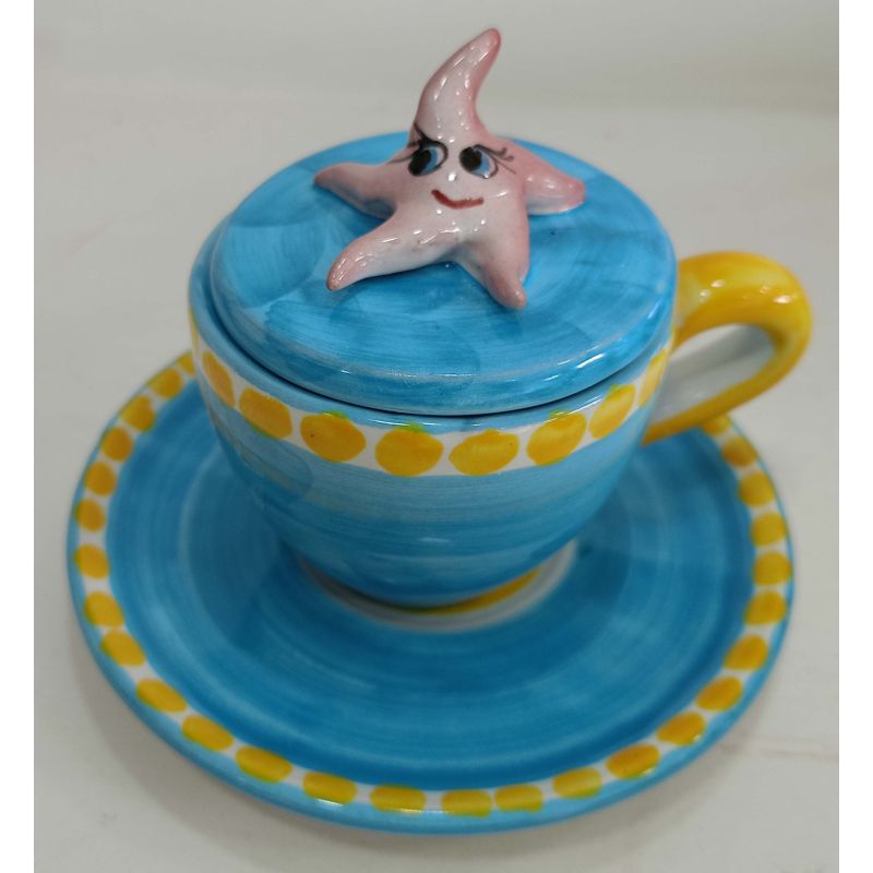Coffee cup with embossed lid, saucer animal...