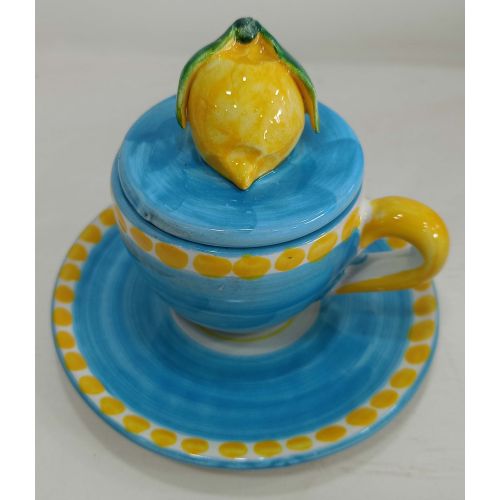 Coffee cup with embossed lid, saucer animal line. Hand-painted Vietri ceramic.