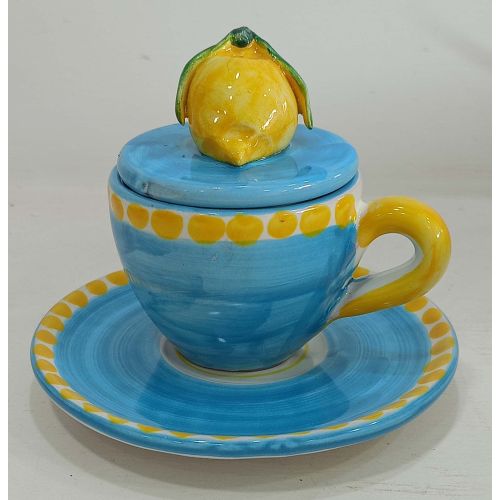 Coffee cup with embossed lid, saucer animal line. Hand-painted Vietri ceramic.