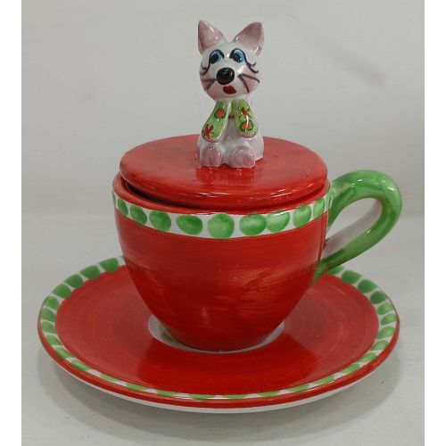 Coffee cup with embossed lid, saucer animal line. Hand-painted Vietri ceramic.