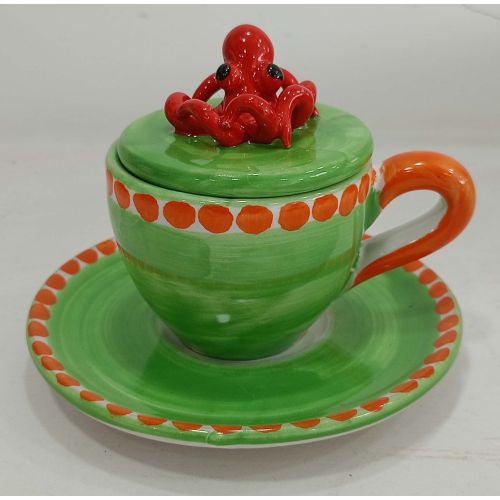 Coffee cup with embossed lid, saucer animal line. Hand-painted Vietri ceramic.