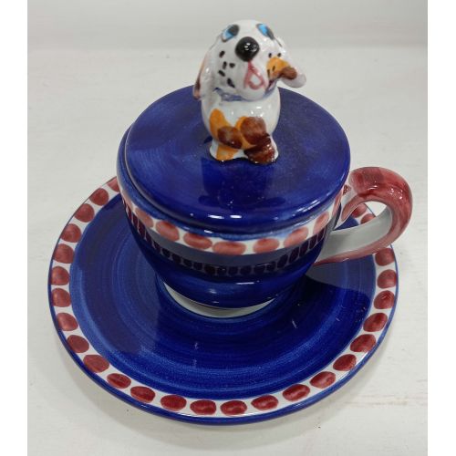 Coffee cup with embossed lid, saucer animal line. Hand-painted Vietri ceramic.