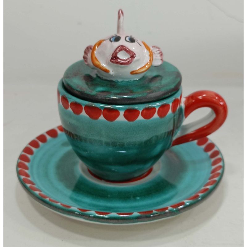 Coffee cup with embossed lid, saucer animal...