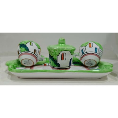 Set Tassen mit Zuckerdose mit Tablett Casette Line. Handbemalte Vietri-Keramik.