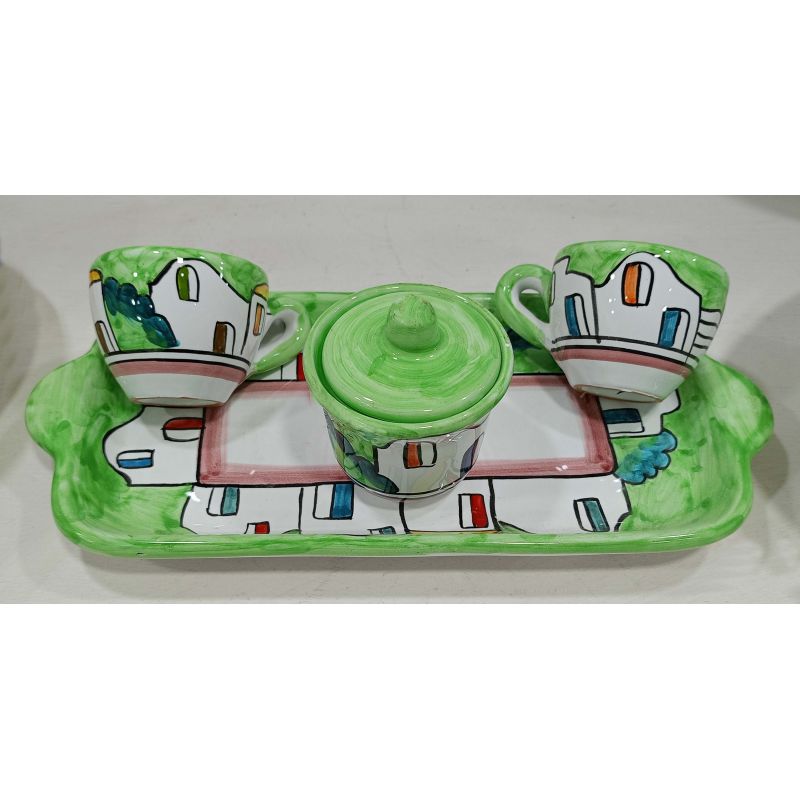 Set of coffe cups, sugar cup. With tray houses...